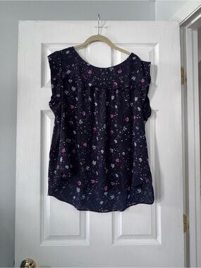 LOFT Navy Floral Cap-Sleeve Blouse